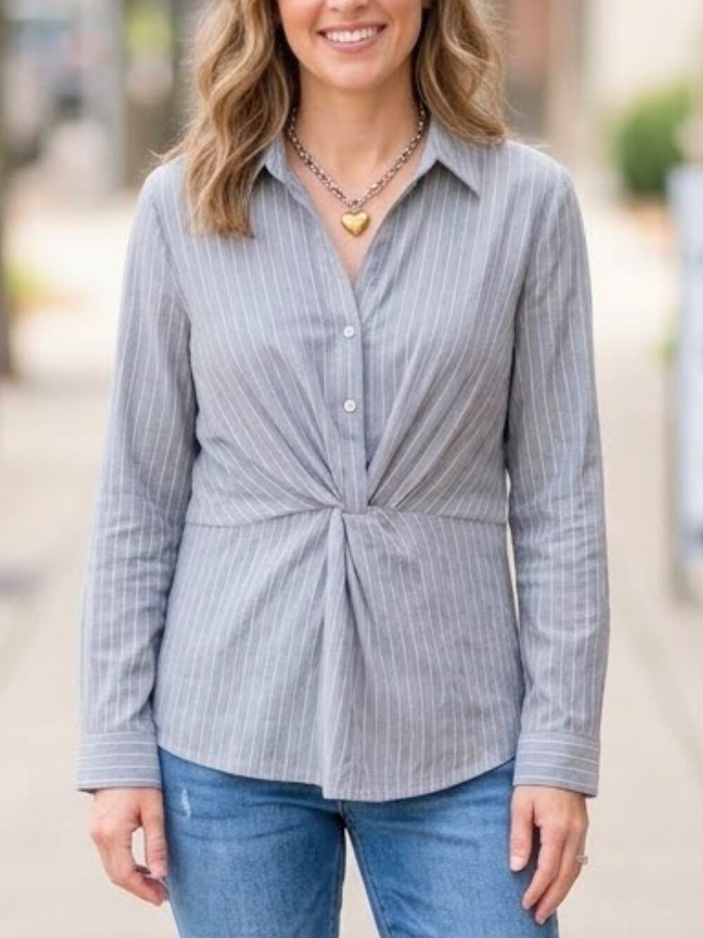 IDEM DITTO Blue Pinstripe Twist Front Blouse S NWT | Work to Weekend Top